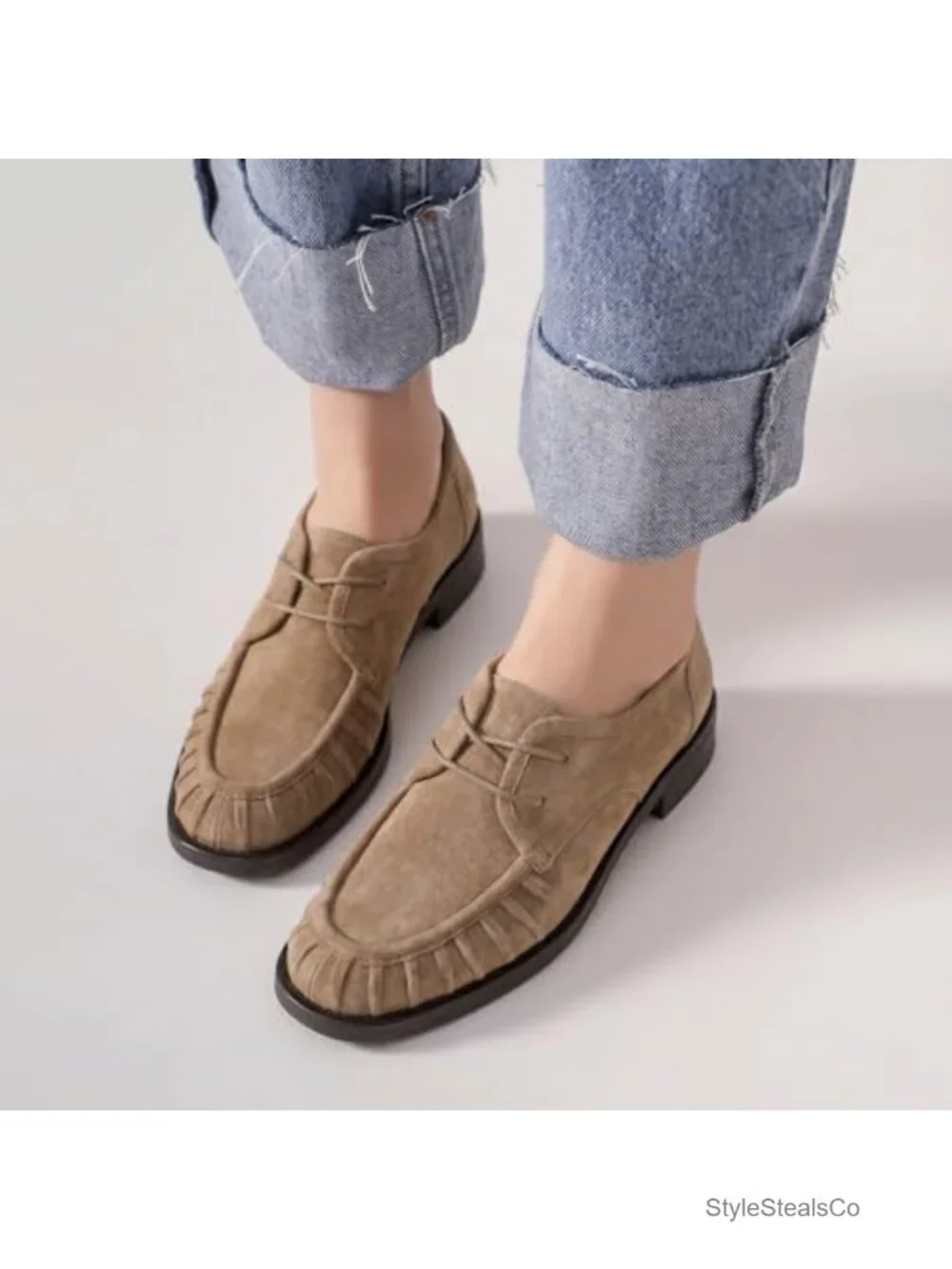 Lambskin Suede Lace Up Loafers Women Casual Office Shoes